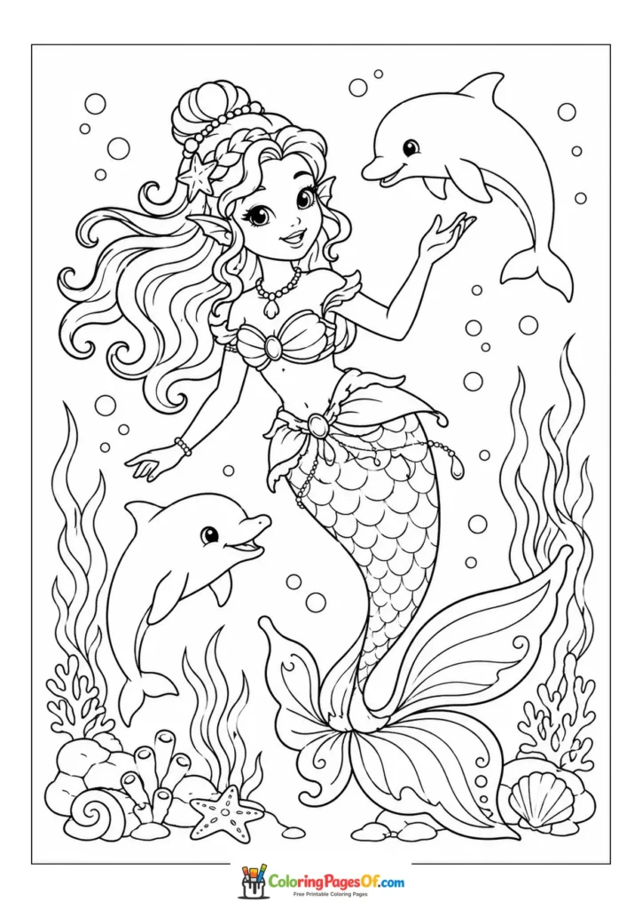 Mermaid Swimming with Two Dolphins coloring page