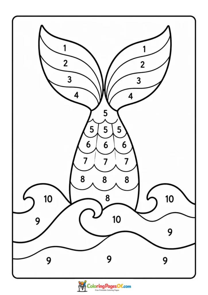 Mermaid Tail in Ocean Waves – Color by Number coloring page