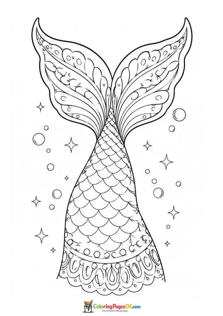 Mermaid Tail Surrounded by Bubbles and Stars coloring page