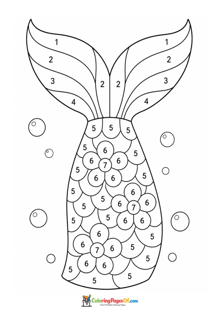 Mermaid Tail Surrounded by Bubbles – Color by Number coloring page