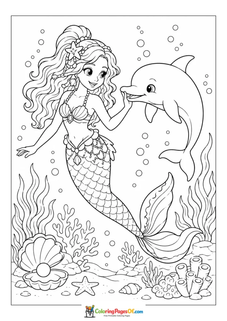 Mermaid Touching a Friendly Dolphin coloring page