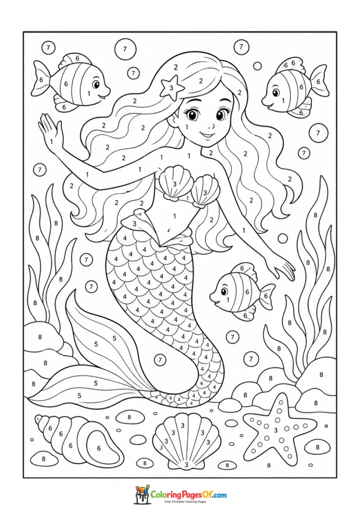 Mermaid Underwater color by number coloring page