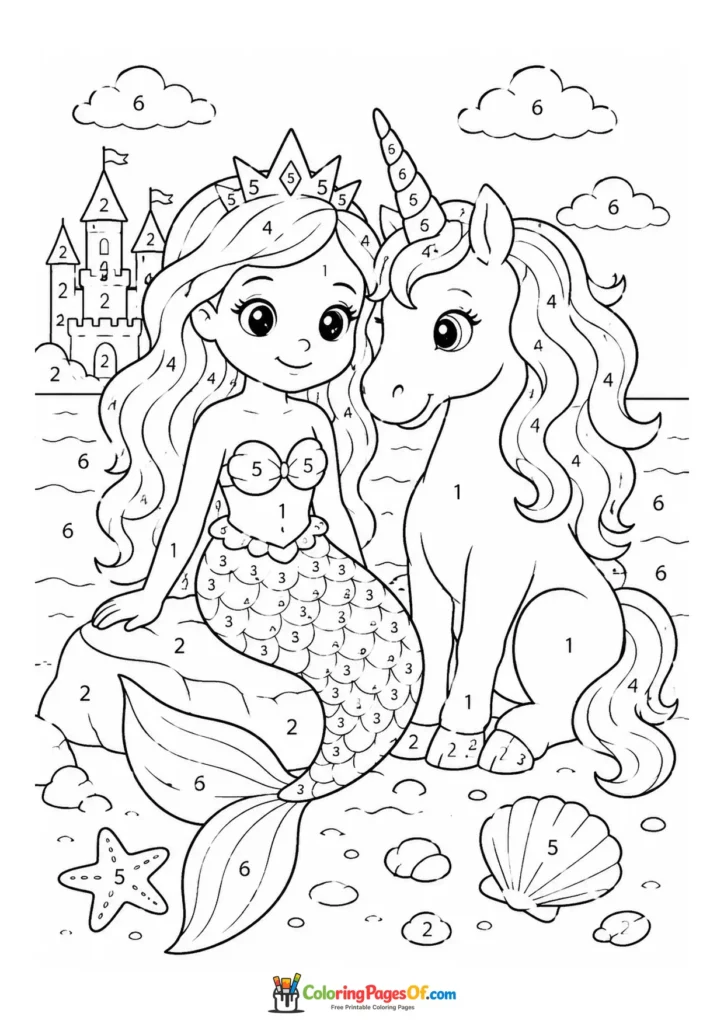 Mermaid with a Crowned Unicorn – Color by Number coloring page