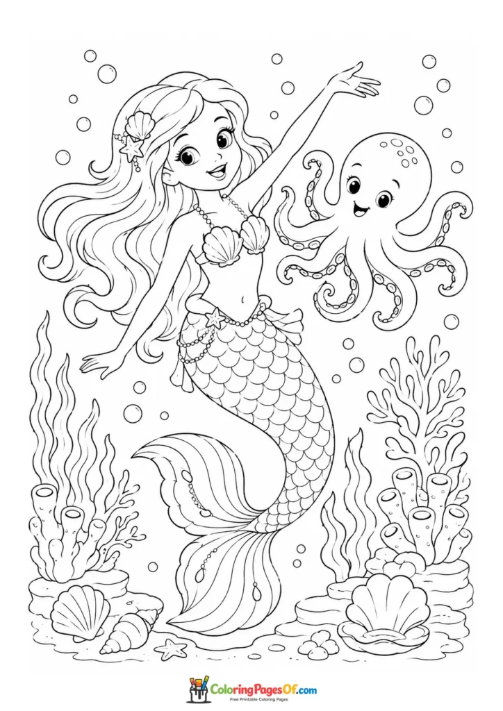 Mermaid with a Friendly Octopus coloring page