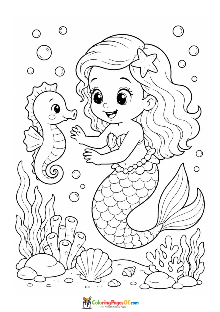 Mermaid with a Friendly Seahorse coloring page