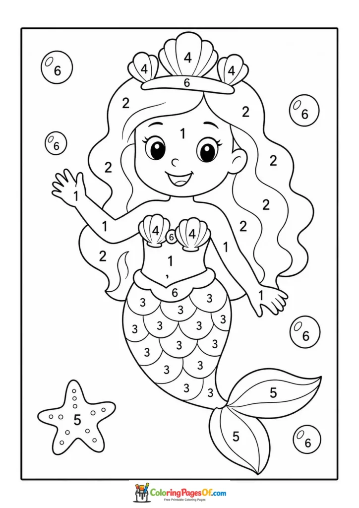 Mermaid with a Seashell Crown – Color by Number coloring page
