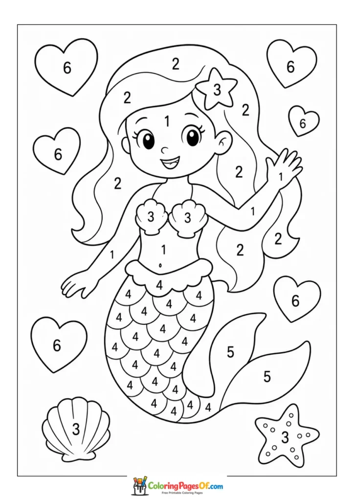 Mermaid with Hearts – Color by Number coloring page