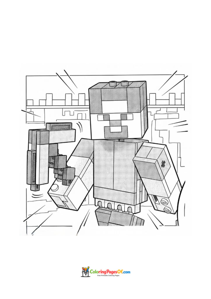 An armored Minecraft adventurer stands in a city landscape while holding a weapon.