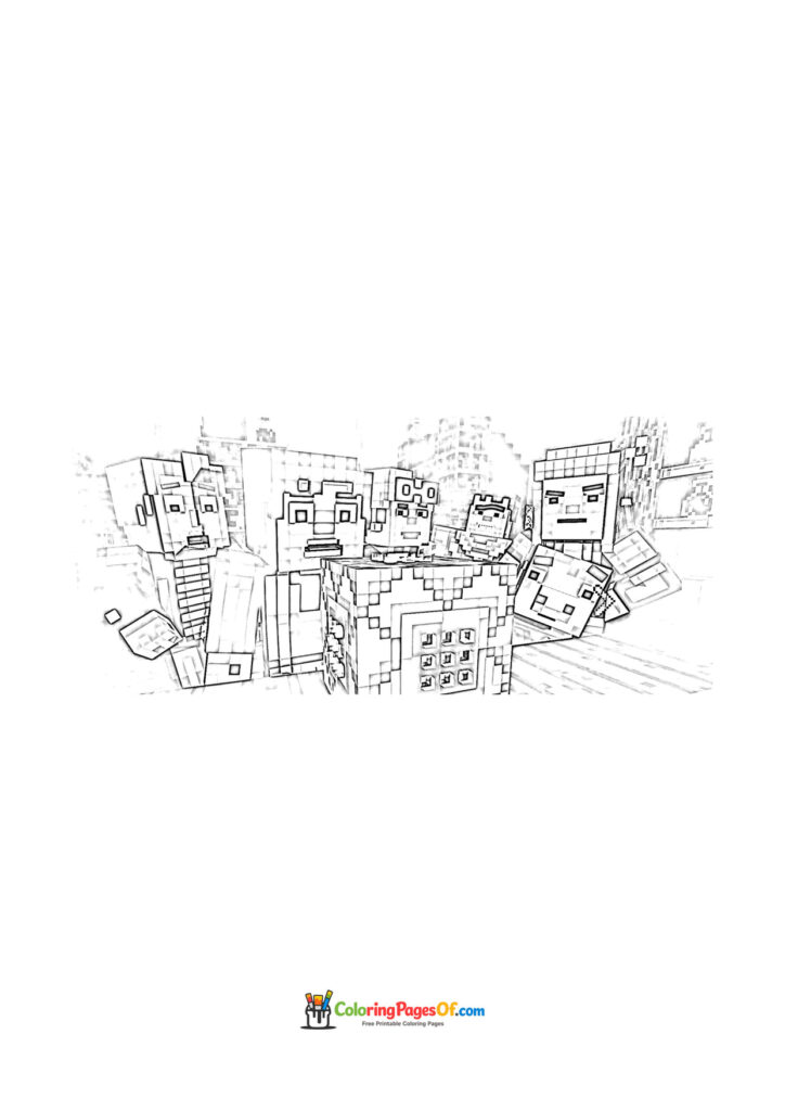 Several Minecraft characters pose together in a village landscape.
