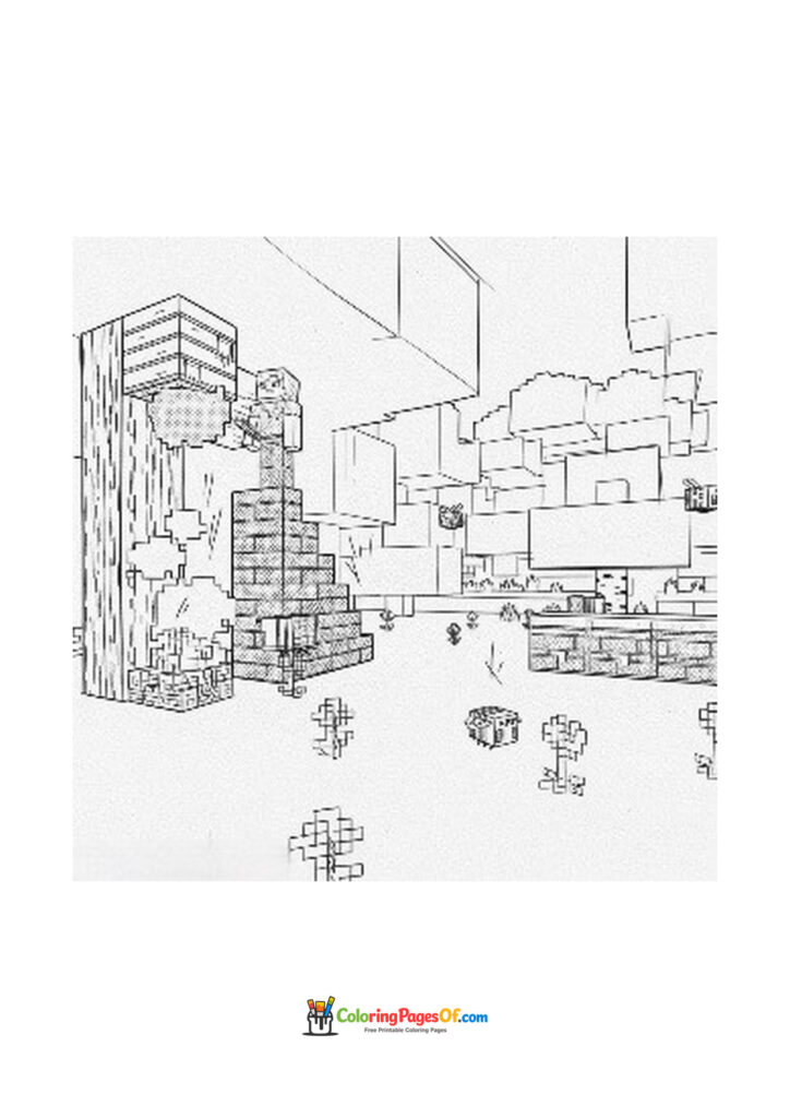 A Minecraft landscape contains blocky buildings, trees and small flowers.