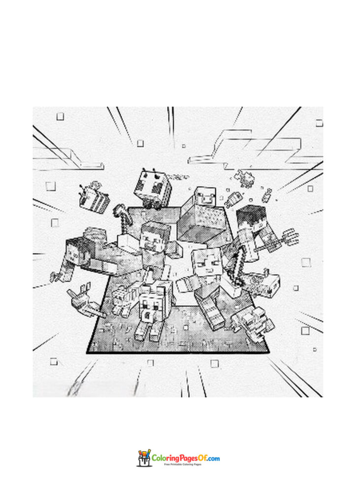 Minecraft characters and animals pose together on a block platform.