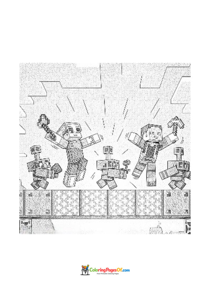 Minecraft characters jump and dance on patterned blocks.