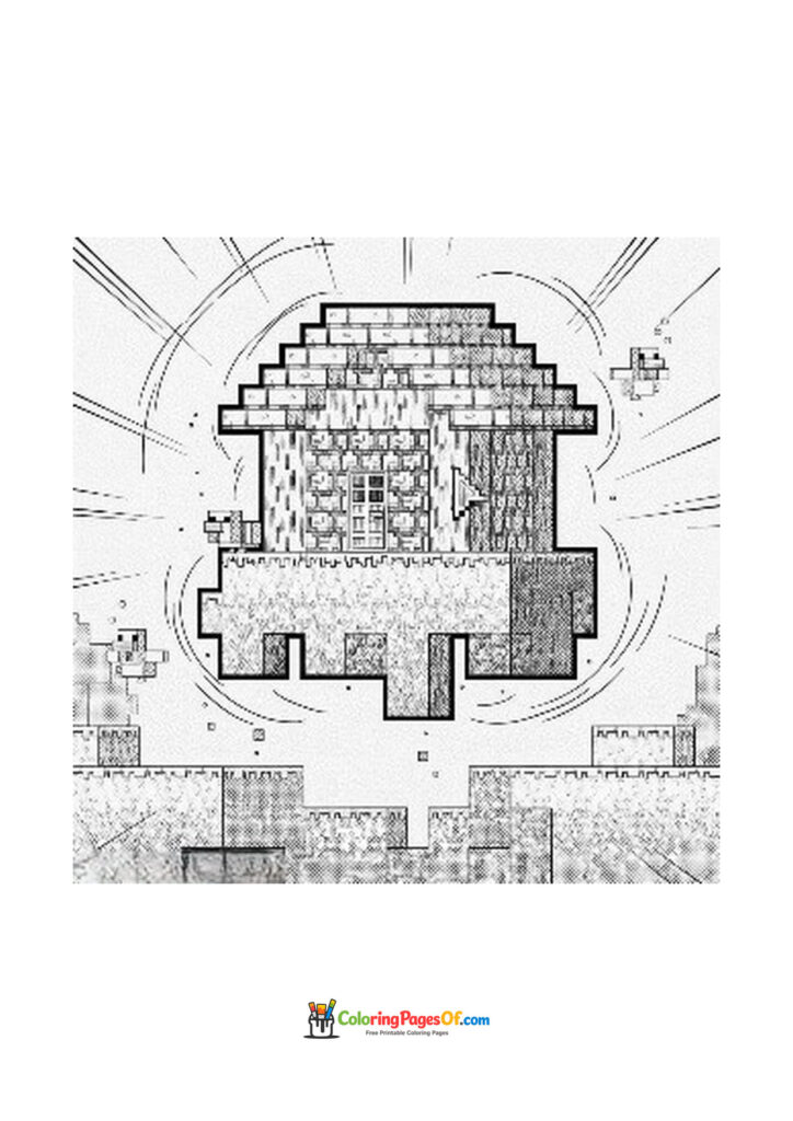 A large pixel art design shows a Minecraft house with small characters inside.