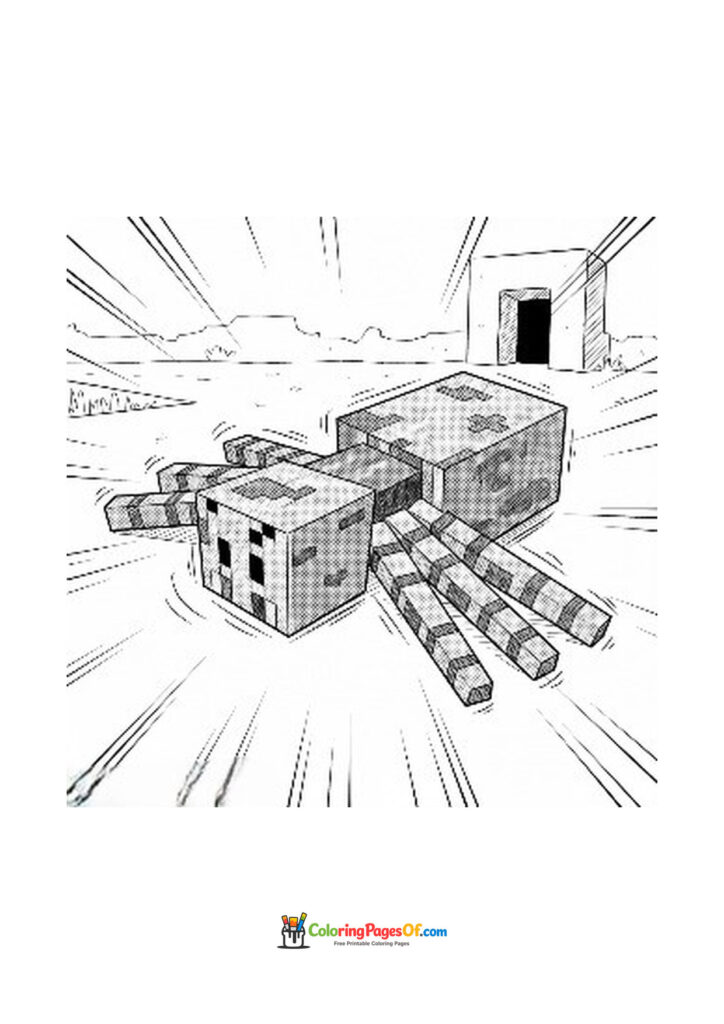 A large Minecraft spider crawls across a desert near a portal.