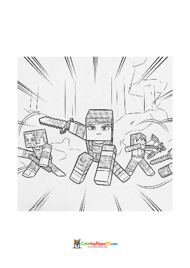Three Minecraft warriors run forward with swords in their hands. Minecraft Coloring Pages