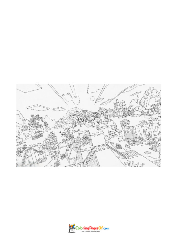 Minecraft characters travel through a wide village and mountain landscape.
