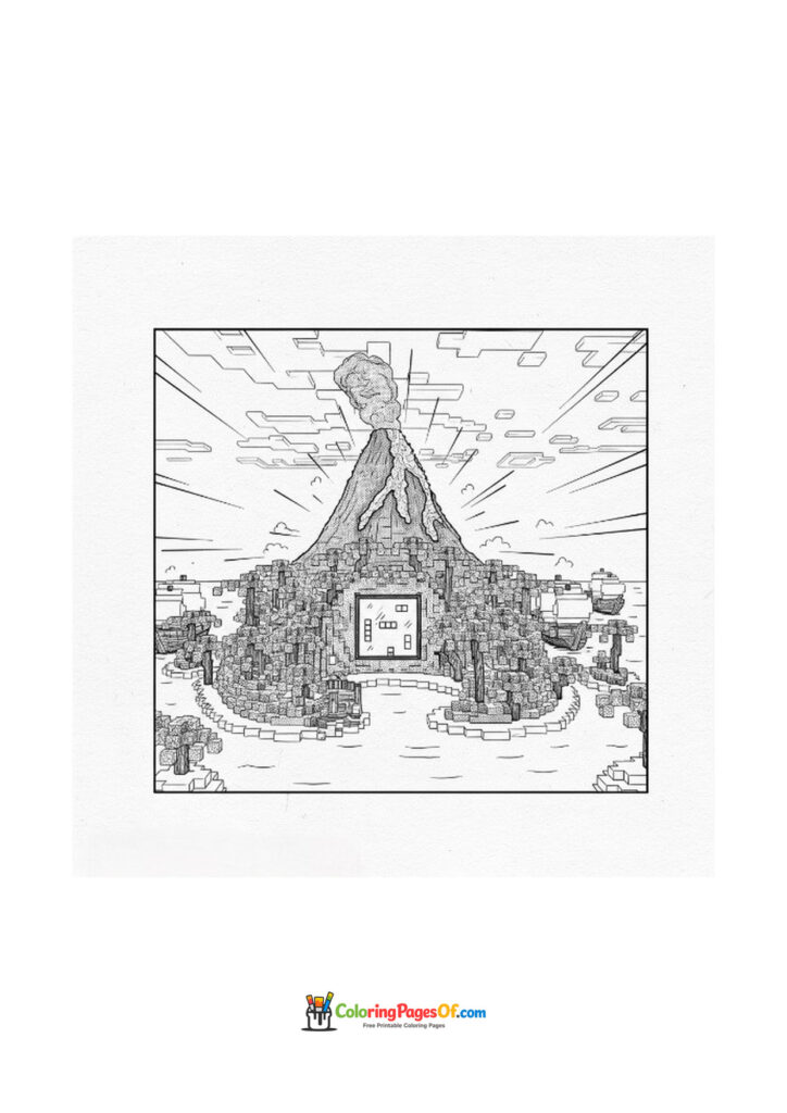 A Minecraft landscape contains a large volcano-like structure with a portal in the center.
