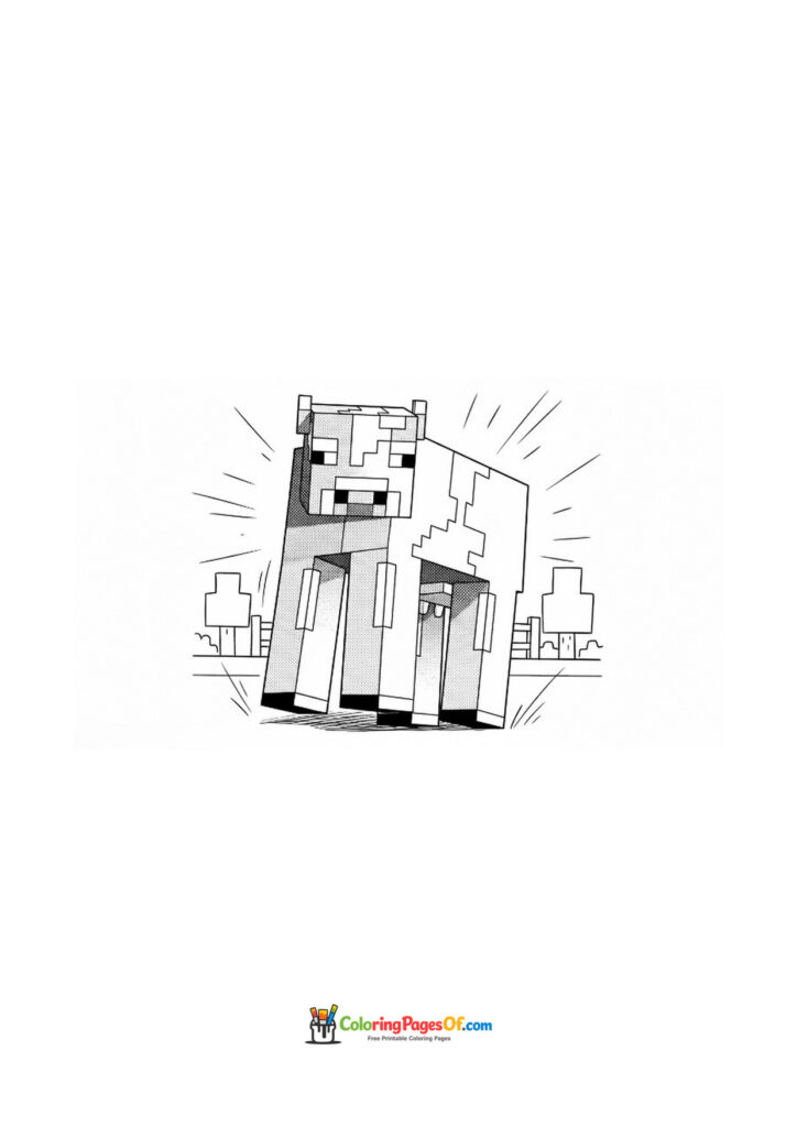 A Minecraft cow stands calmly in front of a village landscape.