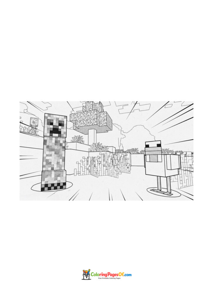 A Minecraft Creeper stands beside a chicken at the edge of a field.
