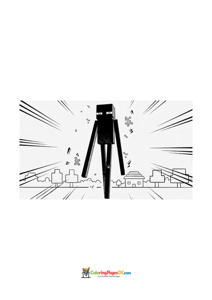 A tall Minecraft Enderman stands in an open village landscape.