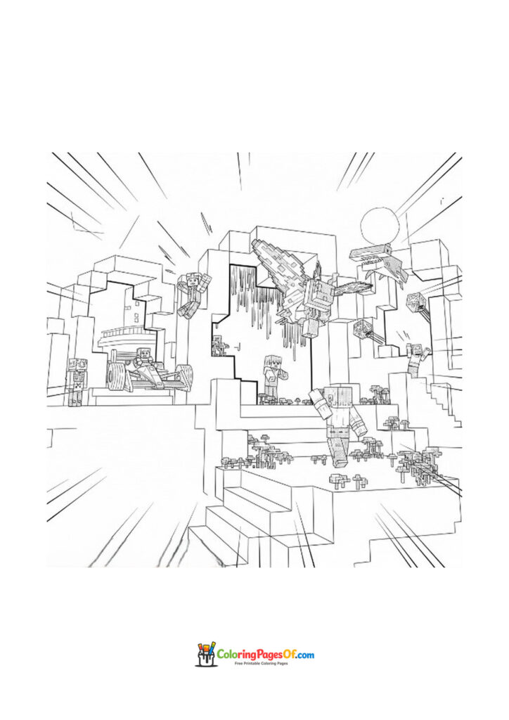Minecraft characters move around a large structure floating in the air.