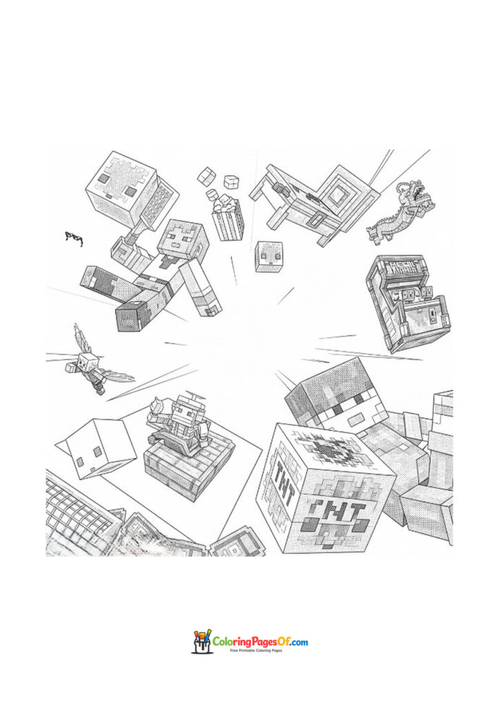 Minecraft characters, TNT, chests, tools and other items float together.