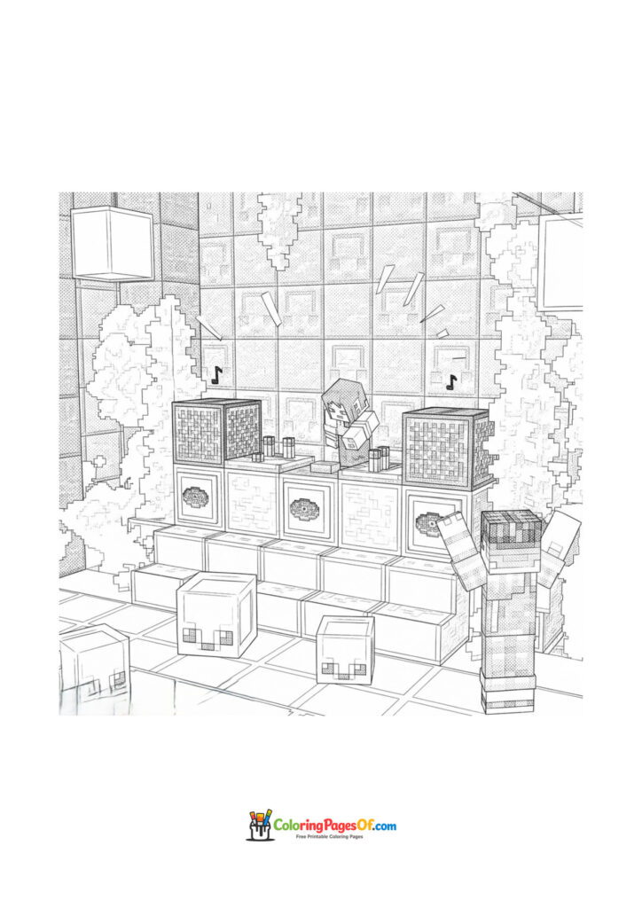 Minecraft characters listen to music among jukeboxes and speakers.