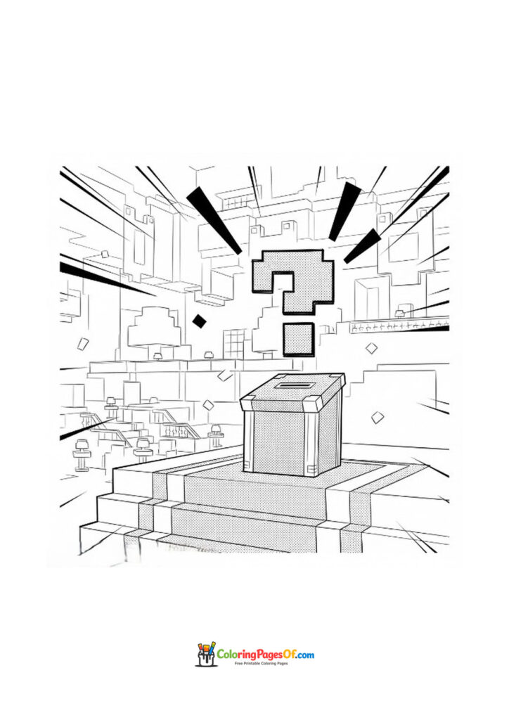 A mysterious box with a large question mark stands on a platform in a Minecraft world.