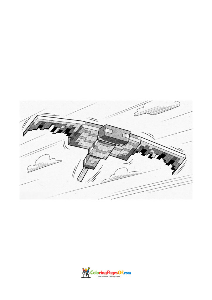 A Minecraft Phantom flies through the clouds with its wings spread.