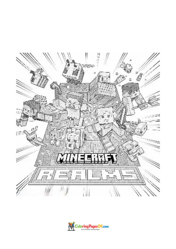 The Minecraft Realms logo appears above a large group of characters and animals.