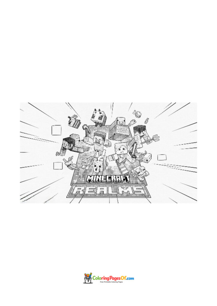 The Minecraft Realms logo appears with an action-filled group of Minecraft characters.