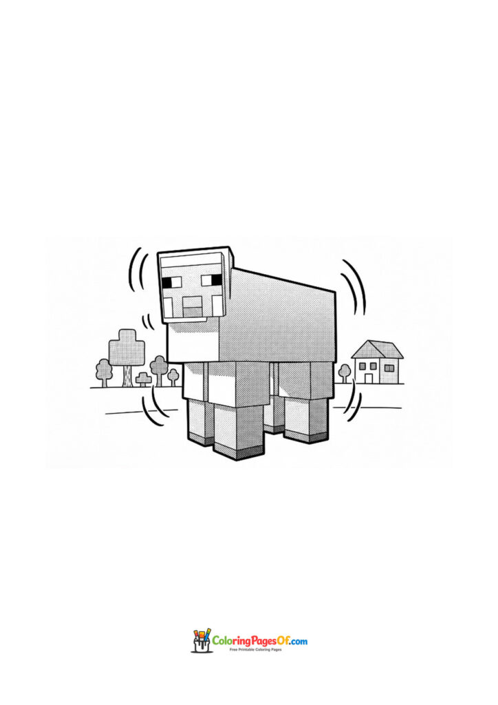 A Minecraft sheep stands near a village.