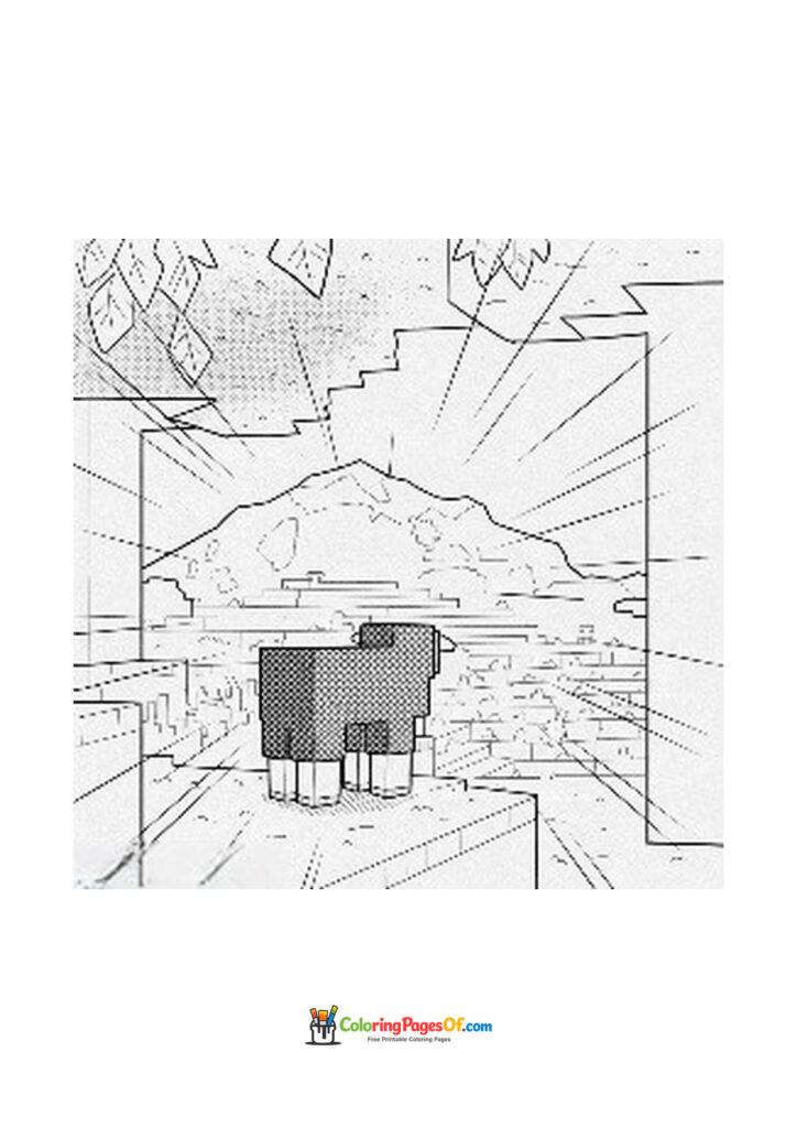 A Minecraft sheep looks across a mountain landscape from the edge of a high cliff.