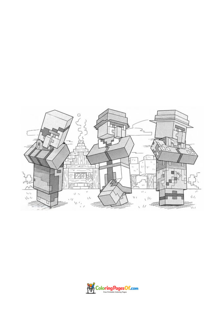 Three Minecraft Villagers stand in front of a village house.