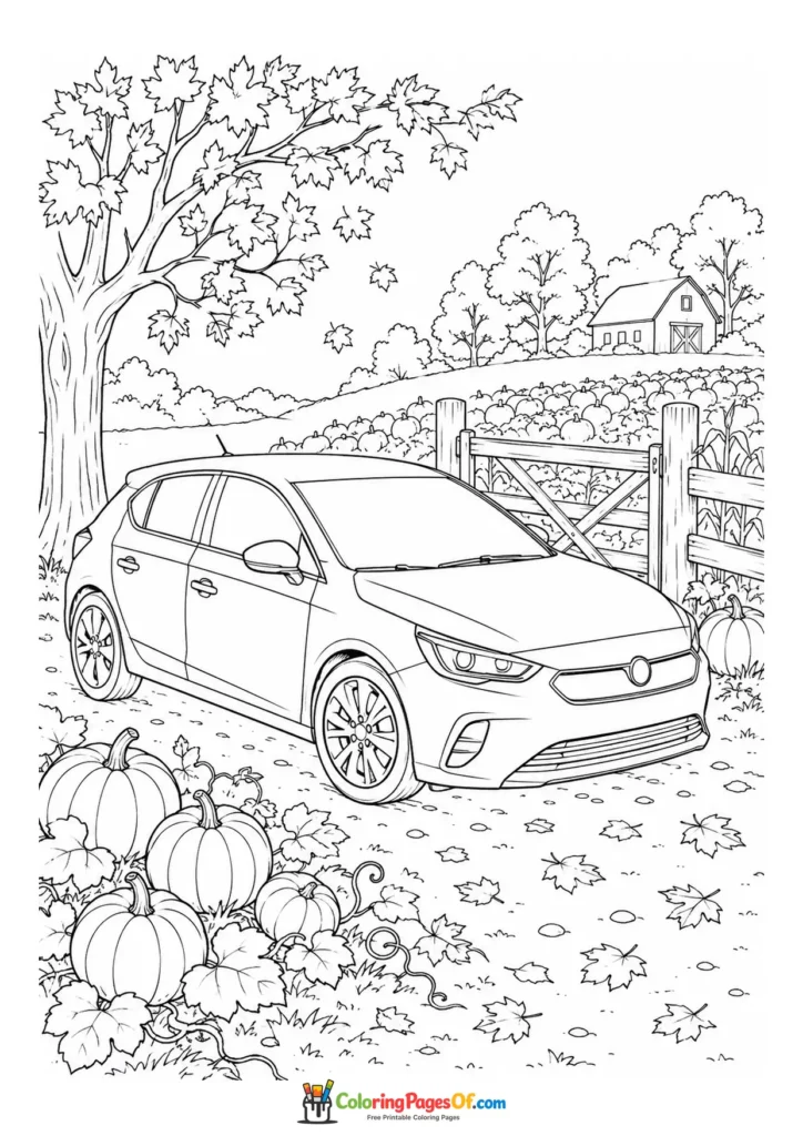 Black and white modern hatchback on an autumn farm road coloring page