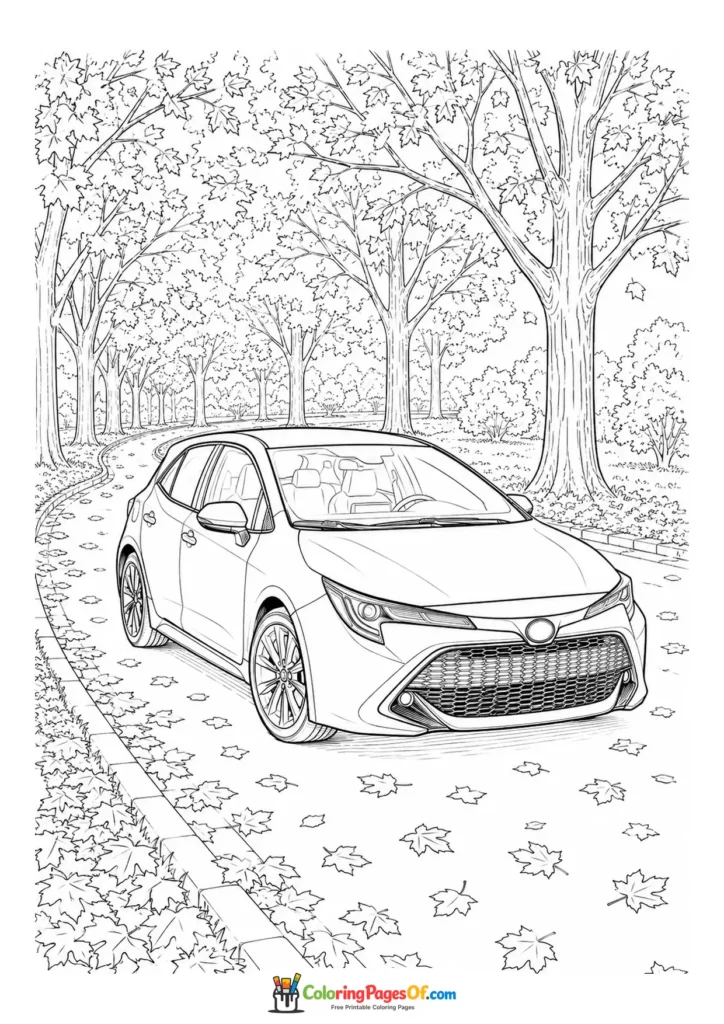 Printable modern hatchback on an autumn road coloring picture