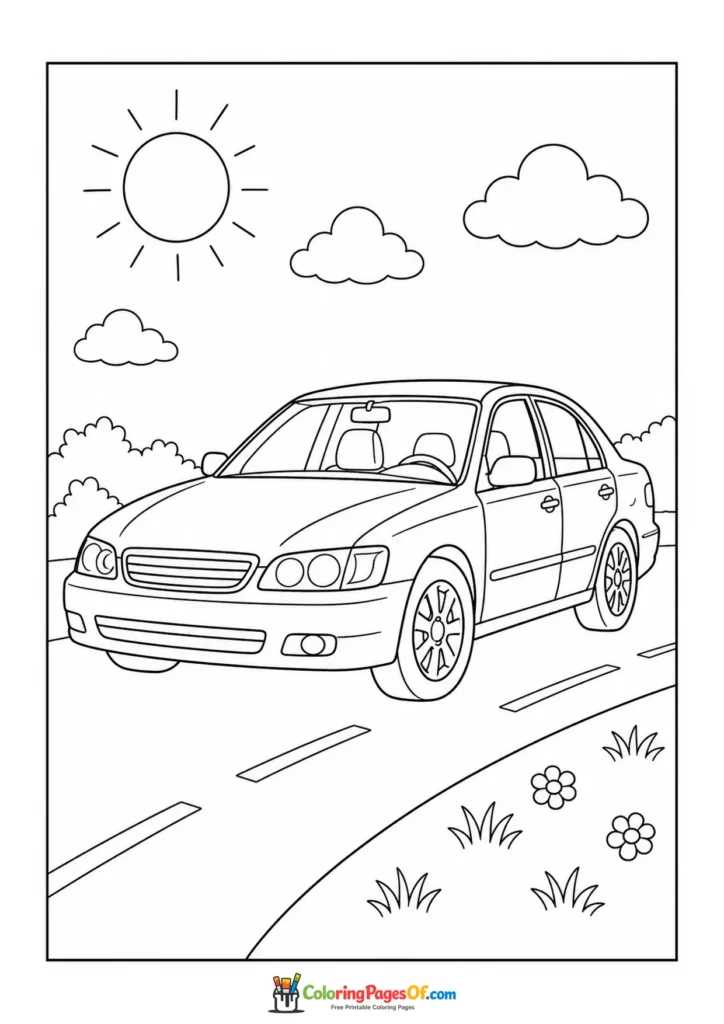 Modern sedan on a country road coloring page