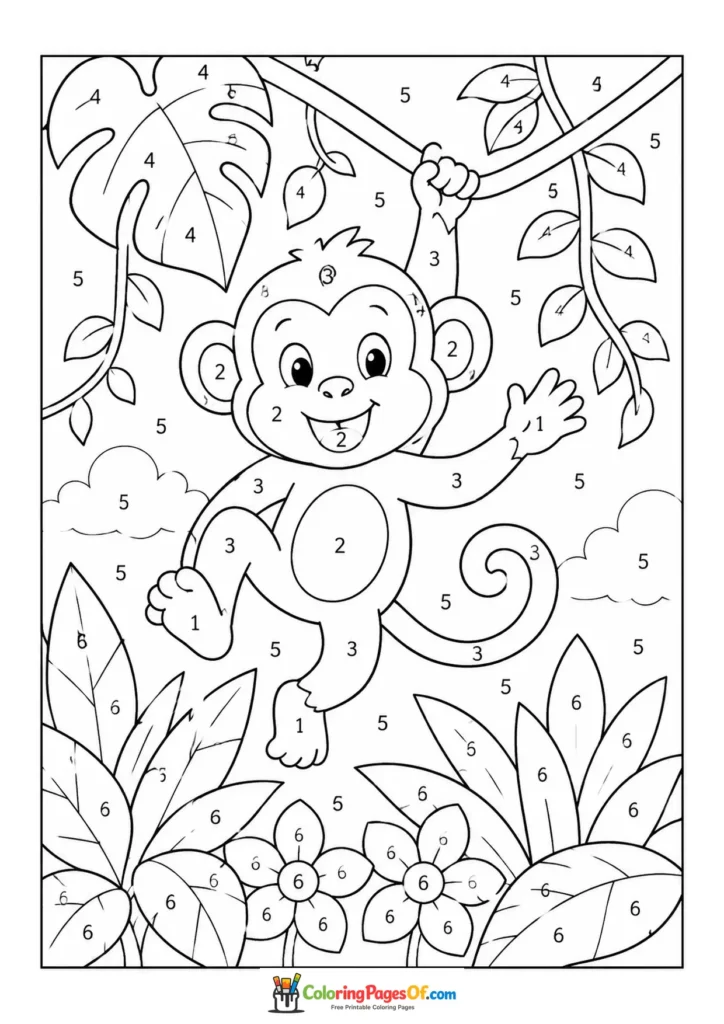 Monkey Swinging from Vine color by number coloring page