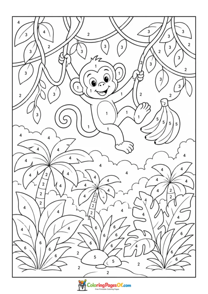 Monkey Swinging in Jungle color by number coloring page