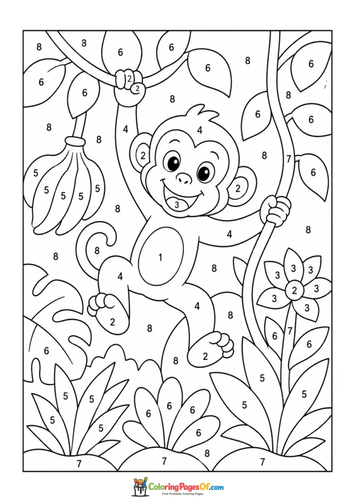 Monkey with Bananas in Jungle color by number coloring page