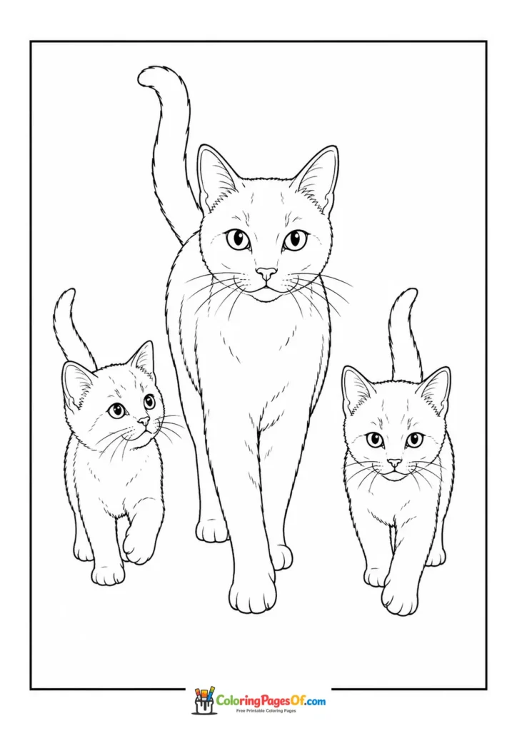 Mother cat walking with two kittens – printable black and white coloring page