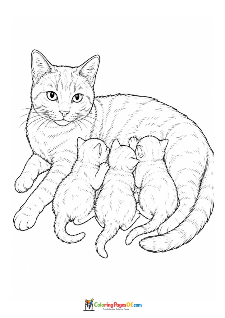 Mother cat with three kittens – printable black and white coloring page