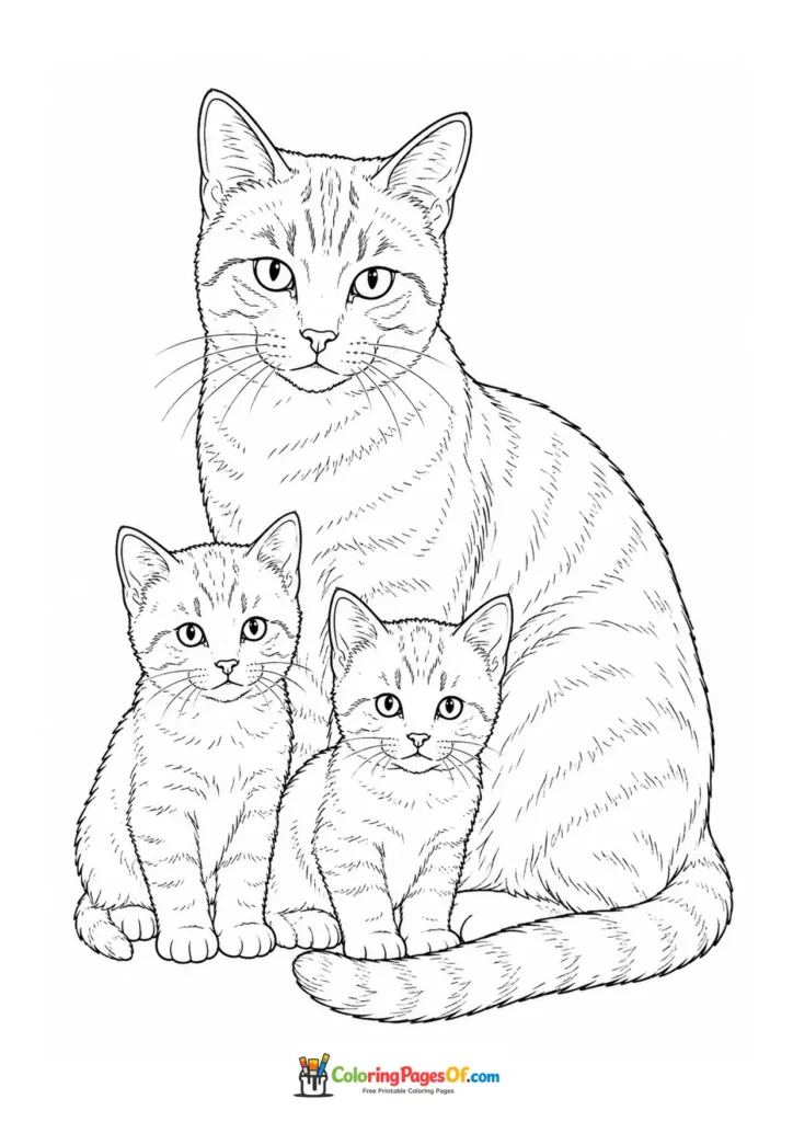 Mother cat with two kittens – printable black and white coloring page