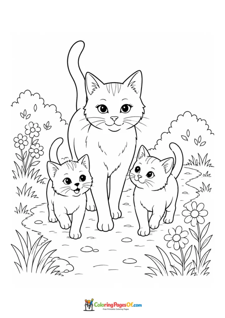Mother cat with two kittens in a garden – printable black and white coloring page