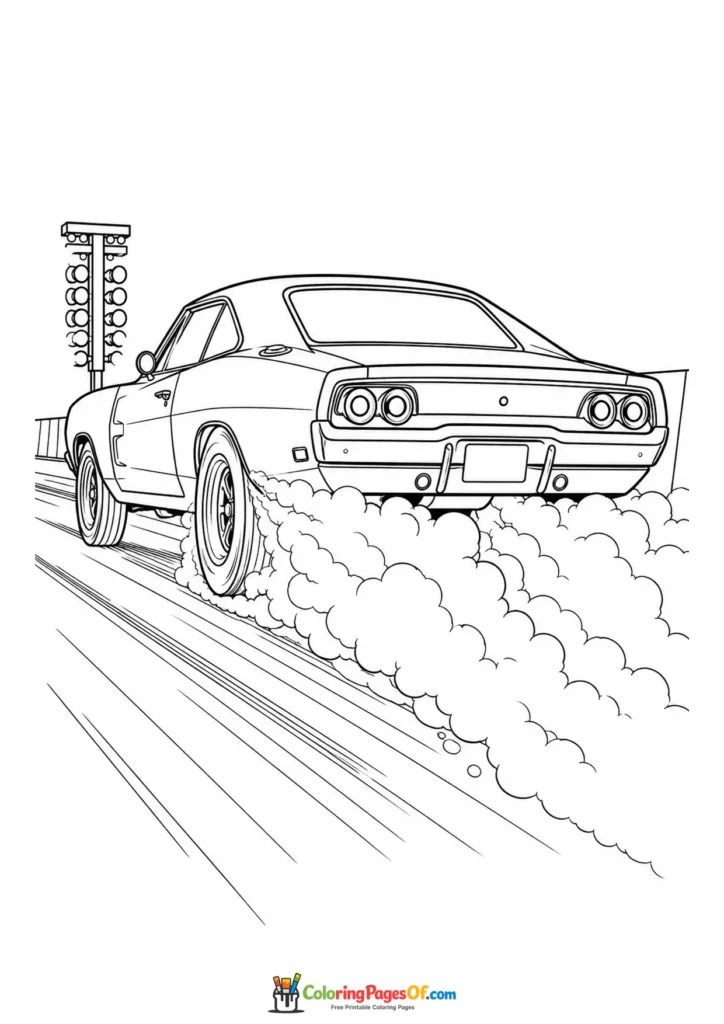 Black and white muscle car doing a burnout coloring page
