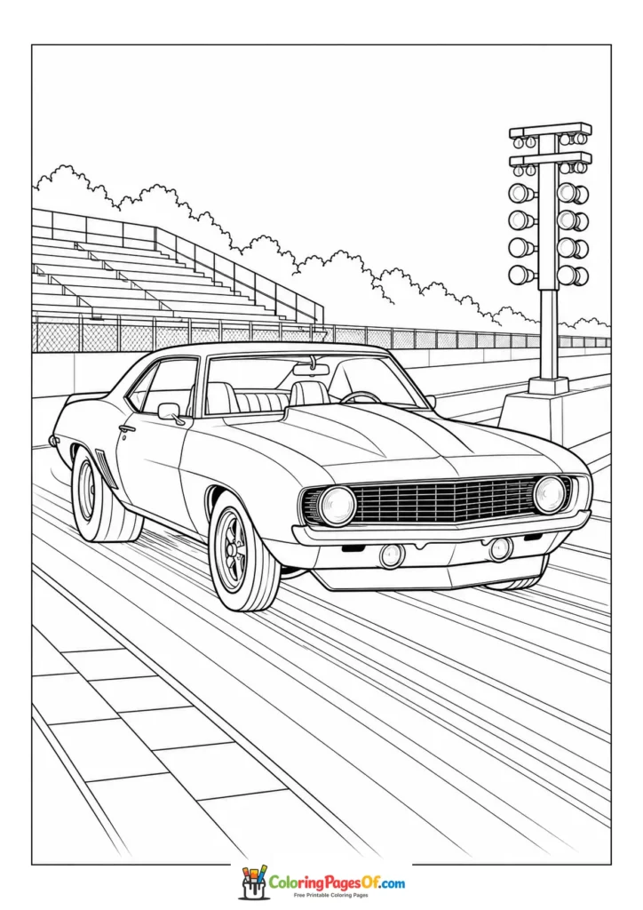 Muscle car on a drag strip printable coloring sheet
