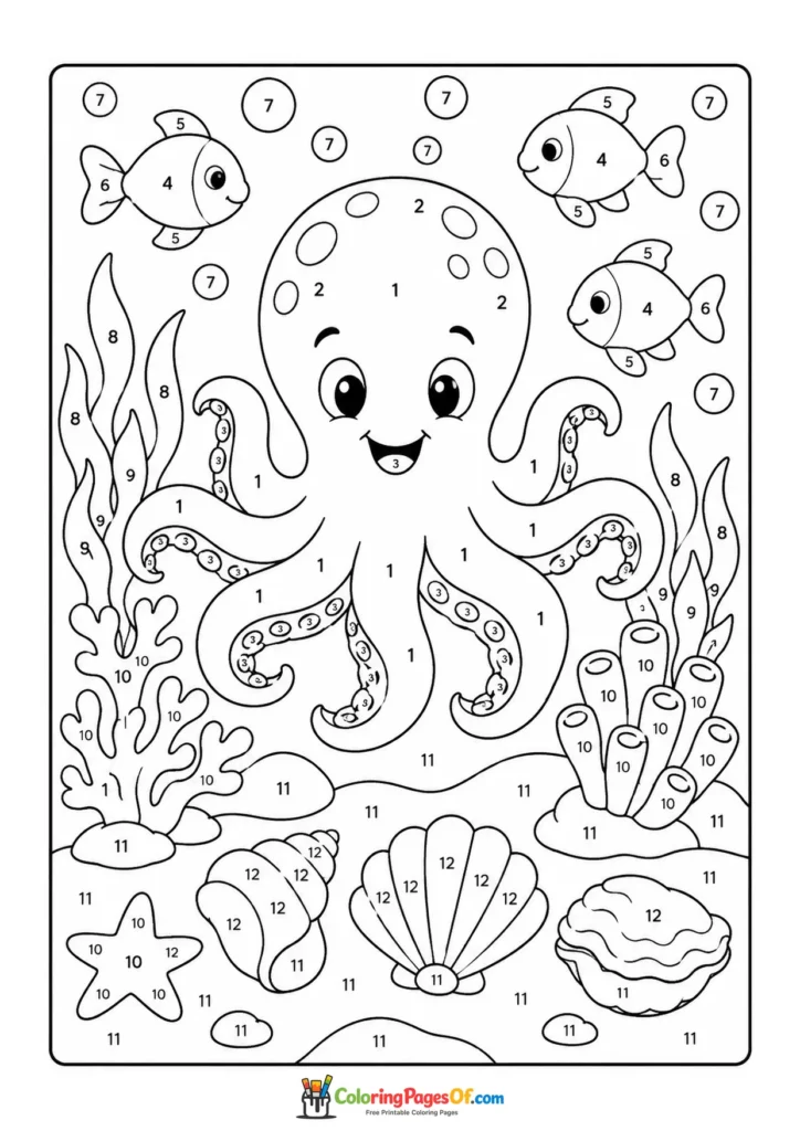 Octopus on Coral Reef color by number coloring page