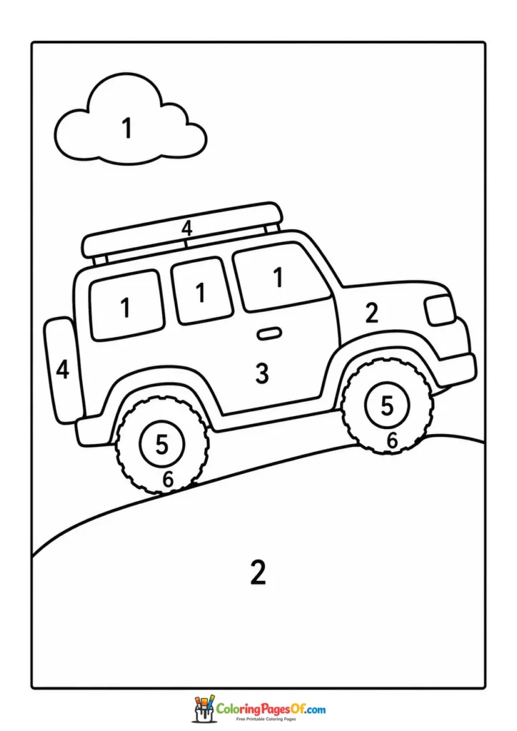 Off-road SUV climbing hill color by number coloring page