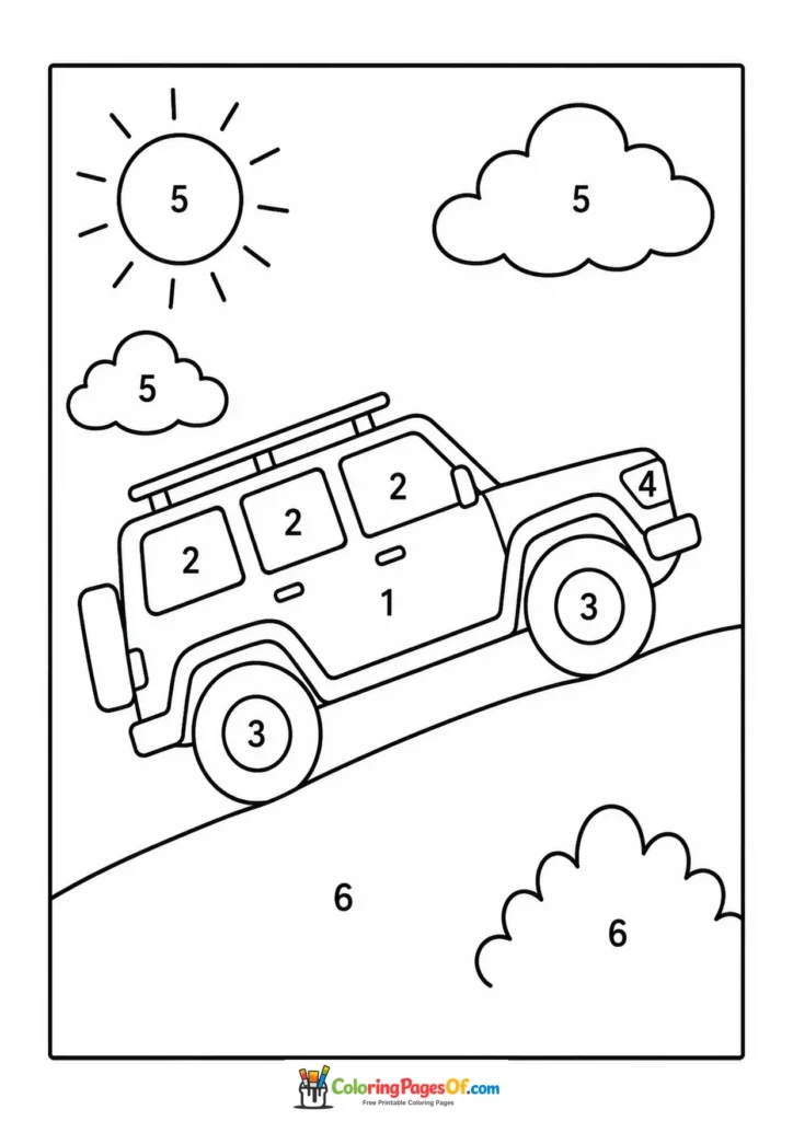 Black and white off-road suv hill color by number coloring page