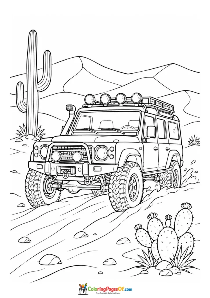 Off-road SUV in a cactus desert coloring page